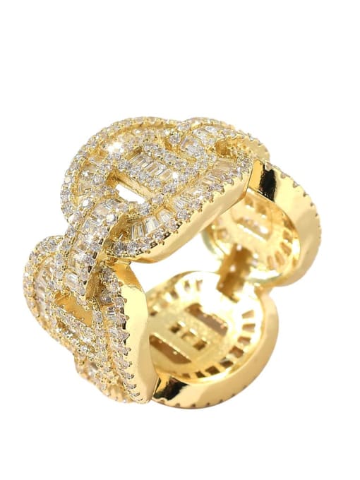 golden Brass Cubic Zirconia Geometric Hip Hop Band Ring