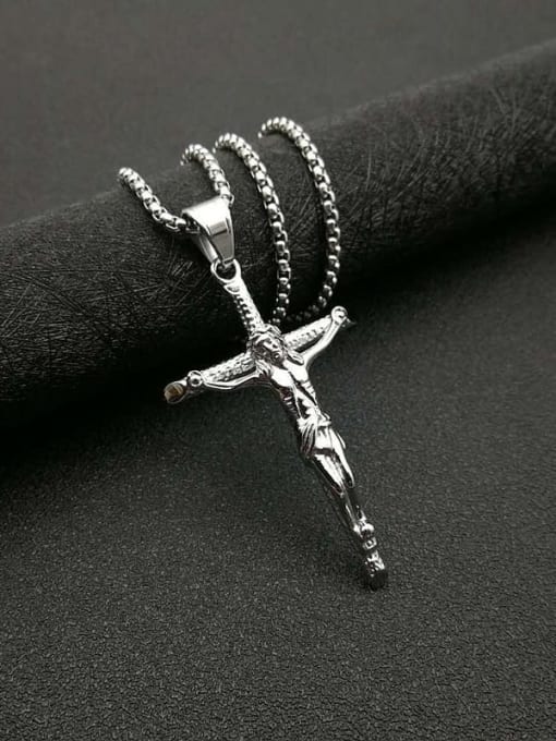 Steel color+Chain: 3mm *61cm Titanium Steel Religious Vintage Regligious Cross Pendant Necklace For Men