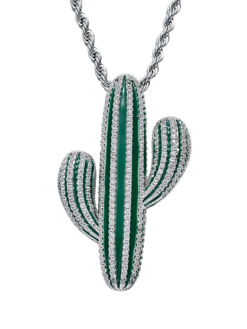 steel color+ Chain Brass Cubic Zirconia Green Enamel Cactus Hip Hop Necklace
