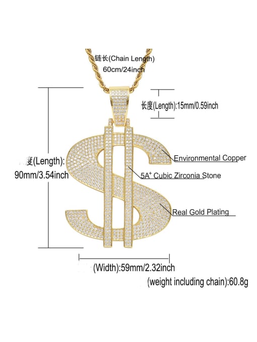 MAHA Brass Cubic Zirconia large dollar Hip Hop Necklace 2