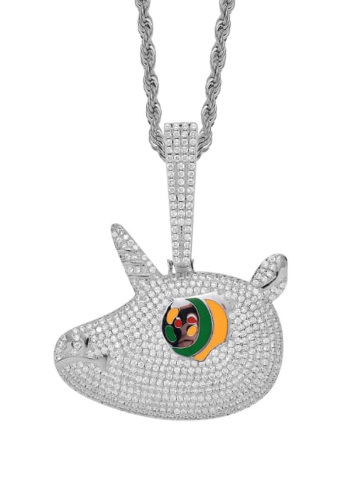 steel color Brass Cubic Zirconia Unicorn with big eyes Hip Hop Necklace
