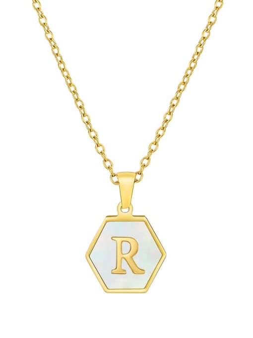 R Stainless steel  English Letter Minimalist Shell Hexagon Pendant Necklace
