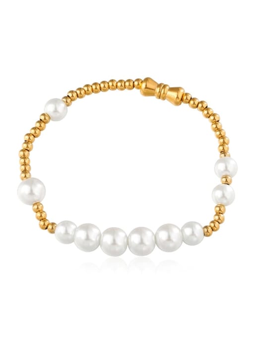 golden Titanium Steel Imitation Pearl Round Minimalist Beaded Bracelet