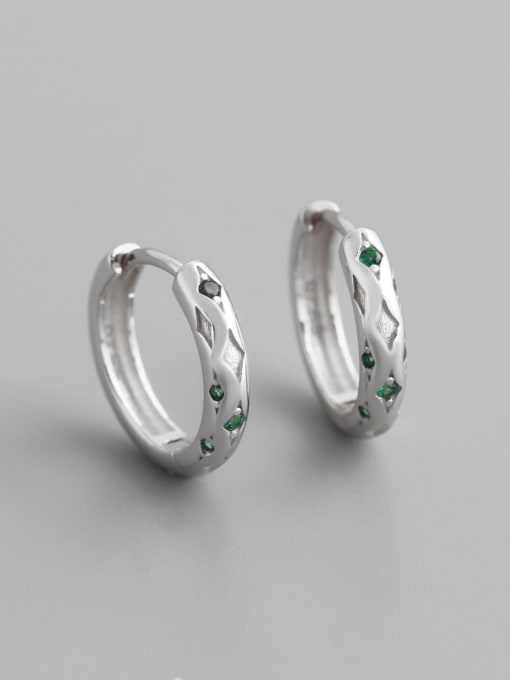 (Green Stone) White Gold 925 Sterling Silver Cubic Zirconia Geometric Minimalist Huggie Earring