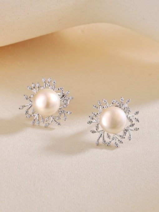 STL-Silver Jewelry 925 Sterling Silver Imitation Pearl Flower Vintage Stud Earring 2
