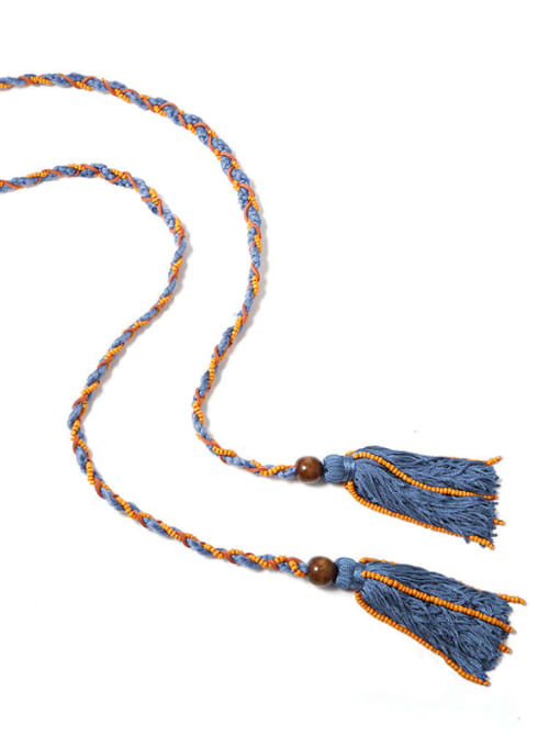 Blue n70241 Bead Cotton Rope Cotton Tassel Artisan Long Belt/ Headband /Strand Necklace