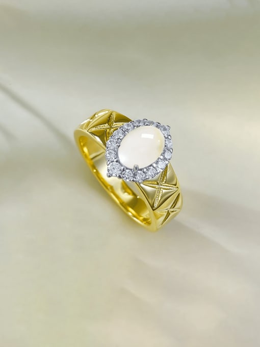 R946 Gold Foam Jade Ring 925 Sterling Silver Jade Geometric Vintage Band Ring