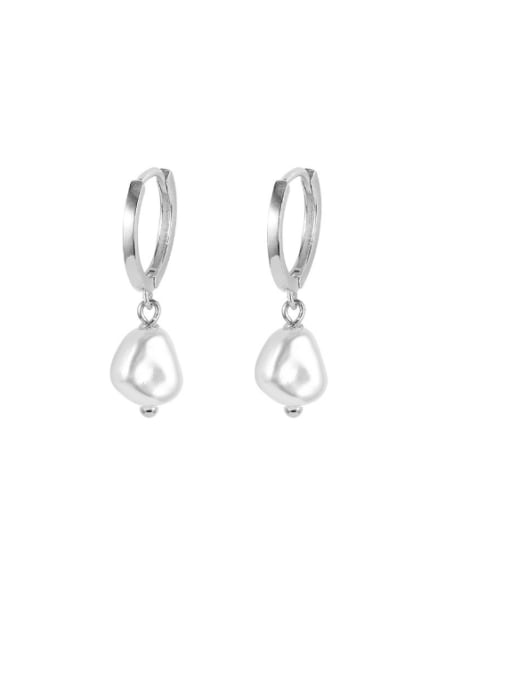 Platinum 925 Sterling Silver Freshwater Pearl Geometric Minimalist Huggie Earring