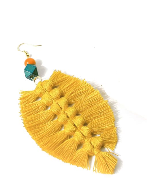 Yellow e68622 Alloy Wooden beads Cotton Rope Tassel Bohemia Hand-Woven  Drop Earring
