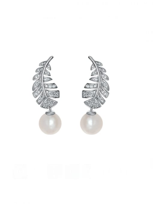 A&T Jewelry 925 Sterling Silver Freshwater Pearl Leaf Luxury Stud Earring 0