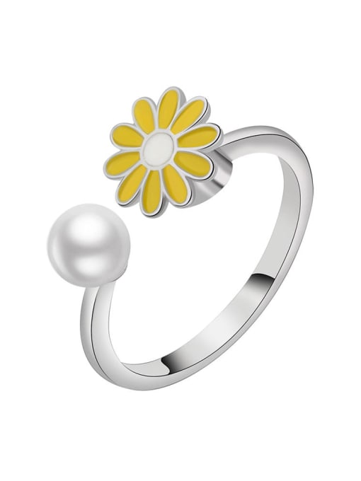 Platinum gold (yellow) 925 Sterling Silver Enamel Imitation Pearl Flower Cute  Can Be Rotated Band Ring