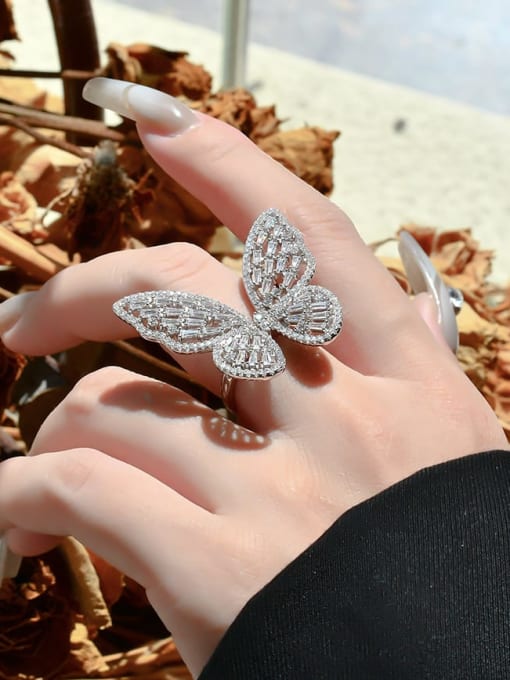 silvery 925 Sterling Silver Cubic Zirconia Hollow Butterfly Luxury Band Ring