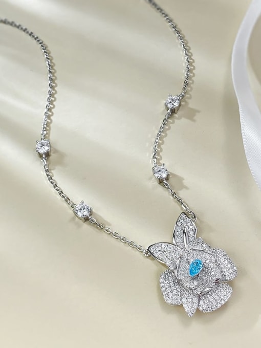 N381 Sea Blue +Rose Necklace 925 Sterling Silver Cubic Zirconia Flower Luxury Necklace