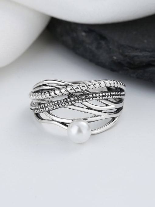 TAIS 925 Sterling Silver Imitation Pearl Geometric Vintage Stackable Ring