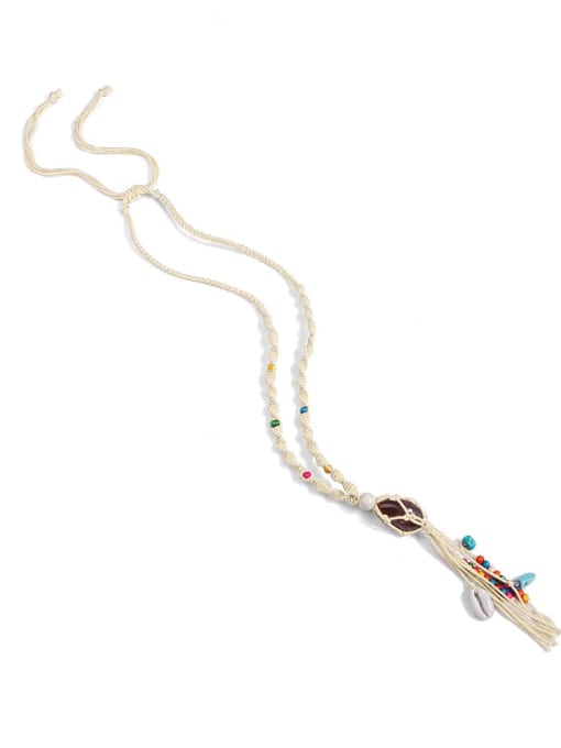 Beibai n70252 Bead Cotton Rope Stone Tassel Hand-Woven Artisan Lariat Necklace