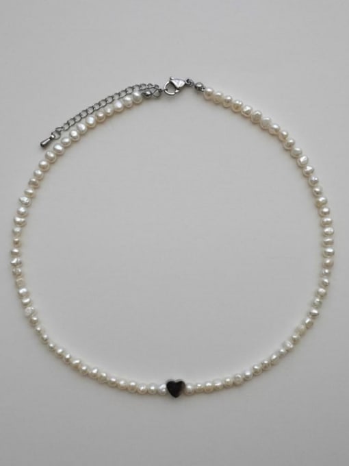 Steel Love Necklace 38 +5cm Titanium Steel Imitation Pearl Heart Bohemia  Handmade Beaded Necklace