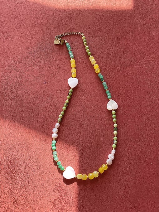 W.BEADS Titanium Steel Natural Stone Multi Color Heart Bohemia Handmade Beaded Necklace