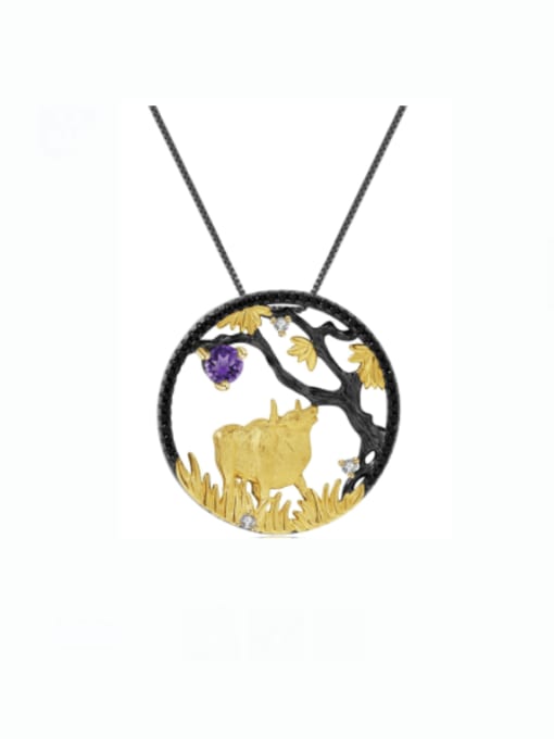 Natural Amethyst Pendant +chain 925 Sterling Silver Natural Stone Zodiac Cow Ethnic Necklace