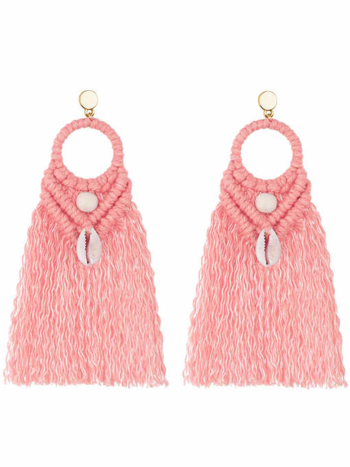 E68742 Pink Alloy Shell Cotton Tassel Bohemia  Hand-woven  Drop Earring