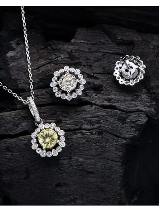 Yellow Diamond Two Piece Set 925 Sterling Silver Cubic Zirconia Dainty Flower  Earring and Necklace Set