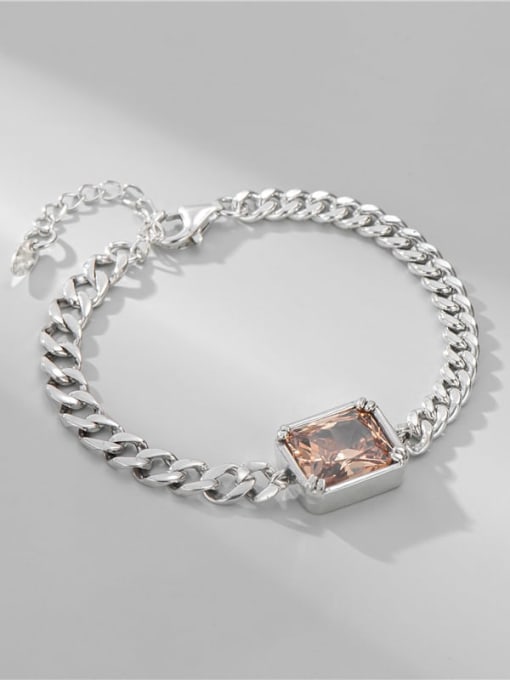 Square champagne Zircon Bracelet 925 Sterling Silver Glass Stone Geometric Chain Vintage Link Bracelet