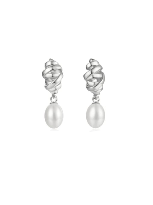 Platinum 925 Sterling Silver Freshwater Pearl Geometric Minimalist Drop Earring