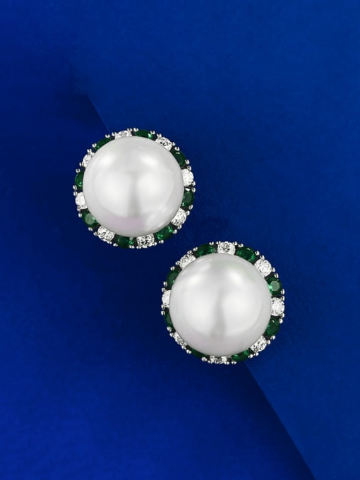 E298 Pearl Earrings 925 Sterling Silver Cubic Zirconia Round Luxury Stud Earring