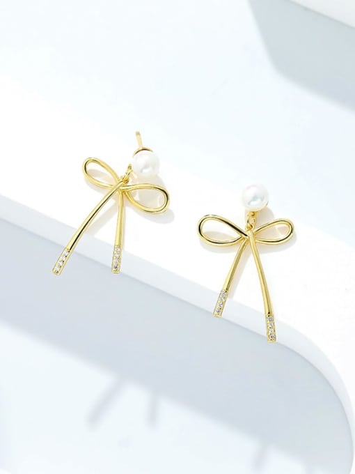 E2708 Gold 925 Sterling Silver Imitation Pearl Bowknot Cute Stud Earring