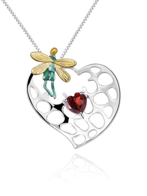 Natural Garnet Pendant + chain 925 Sterling Silver Amethyst Dragonfly Heart Artisan Necklace