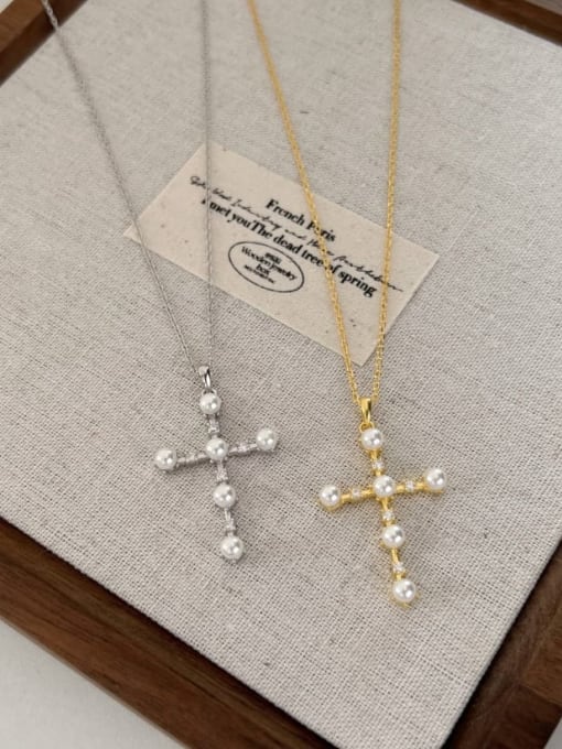 STL-Silver Jewelry 925 Sterling Silver Imitation Pearl Cross Minimalist Regligious Necklace 2