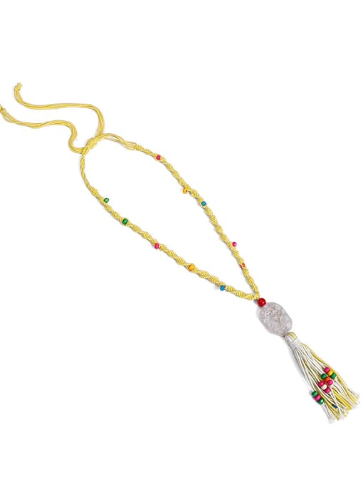 Yellow n70253 Bead Natural stone Rope Cotton Tassel Bohemia Hand-Woven Long Strand Necklace