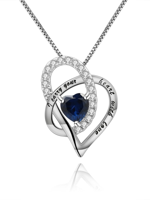 Synthetic Crystal Sapphire Pendant +Chai 925 Sterling Silver Birthstone Minimalist  Heart Pendant Necklace