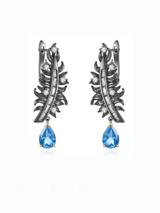Swiss Blue topA Stone Earrings 925 Sterling Silver Natural Color Treasure Leaf Vintage Drop Earring