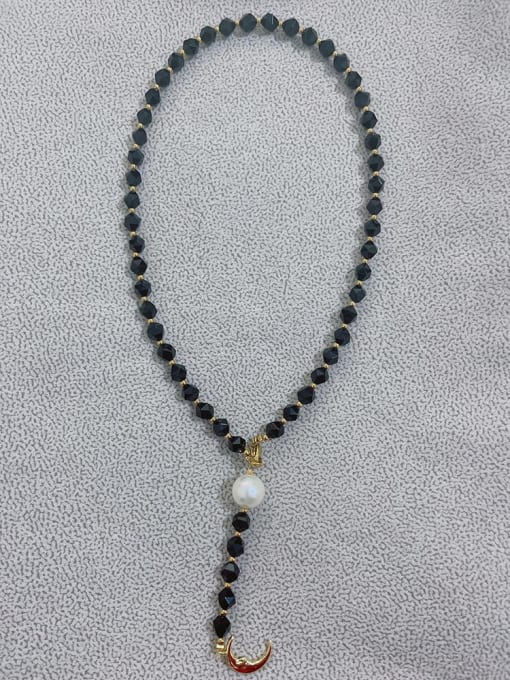 W.BEADS Titanium Steel Freshwater Pearl Moon Bohemia Beaded Necklace