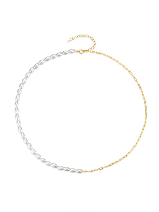 golden 925 Sterling Silver Freshwater Pearl Geometric Trend Asymmetrical Chain Necklace
