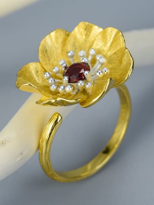 Golden Flower Silver Core RED 925 Sterling Silver Natural red pomegranate luxury natural handmade Artisan Band Ring