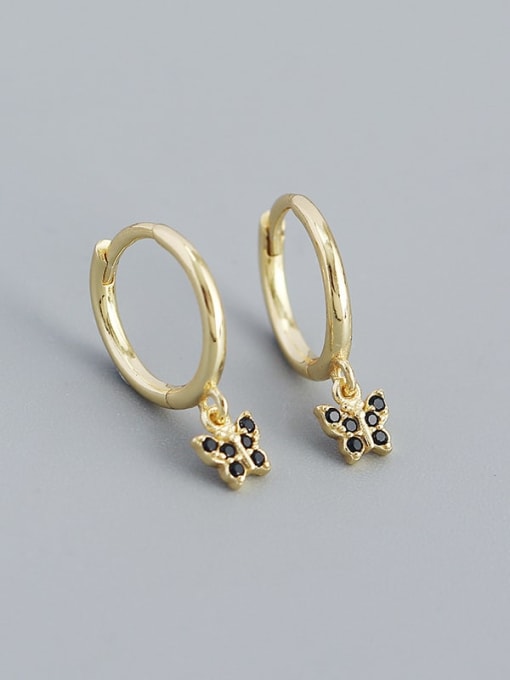 Gold (black stone) 925 Sterling Silver Cubic Zirconia Butterfly Minimalist Huggie Earring
