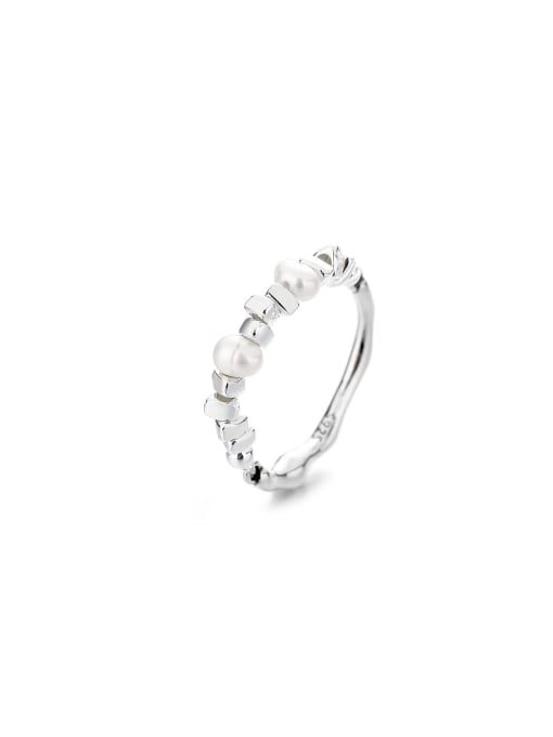 TAIS 925 Sterling Silver Imitation Pearl Geometric Dainty Band Ring 0