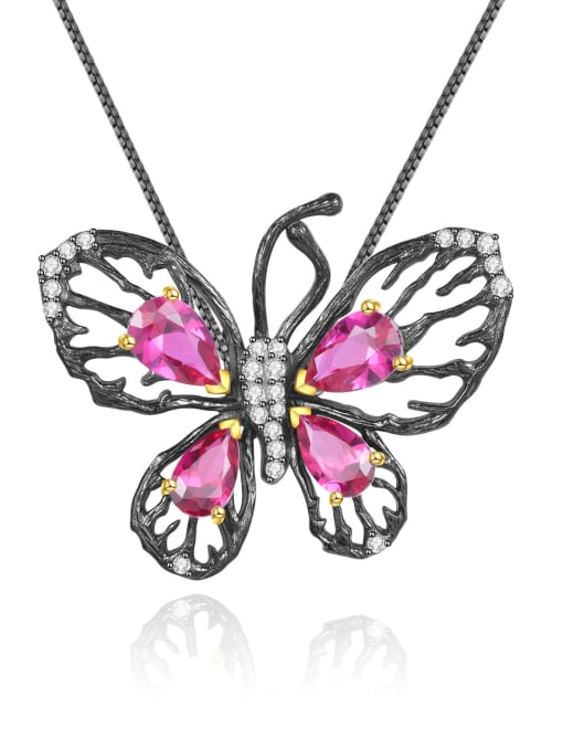 Synthetic red corundum Pendant  Necklace 925 Sterling Silver Garnet  Vintage Butterfly Pendant Necklace