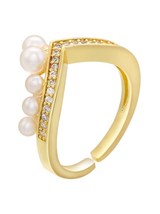 golden Brass Imitation Pearl Crown Trend Band Ring