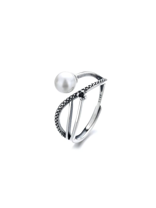 TAIS 925 Sterling Silver Freshwater Pearl Geometric Vintage Band Ring