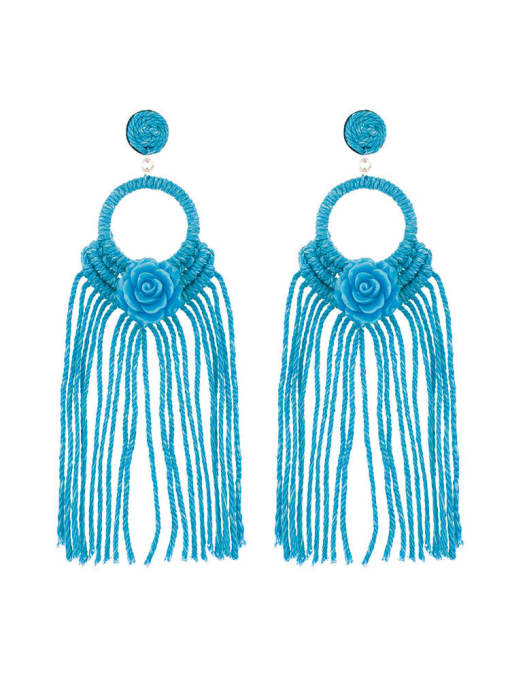 Blue e68739 Alloy Cotton Tassel  FLower bohemian  hand-woven  drop earrings