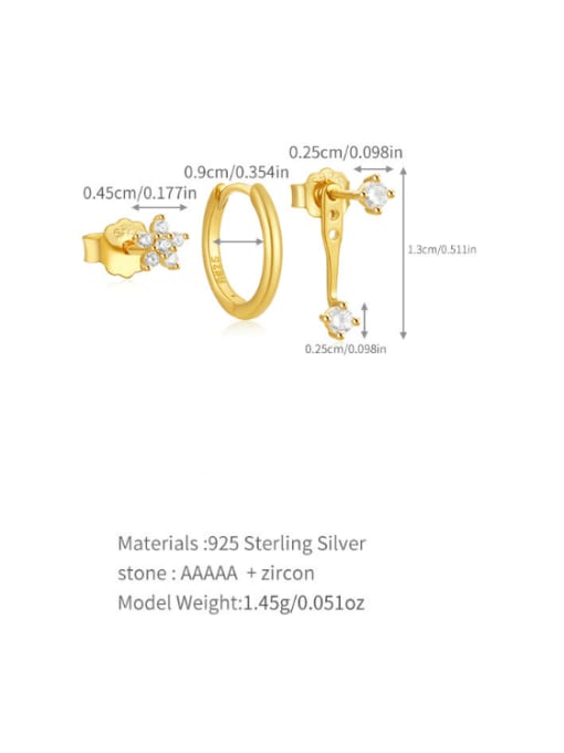 3 pieces per set, golden 4 925 Sterling Silver Cubic Zirconia Geometric Dainty Huggie Earring