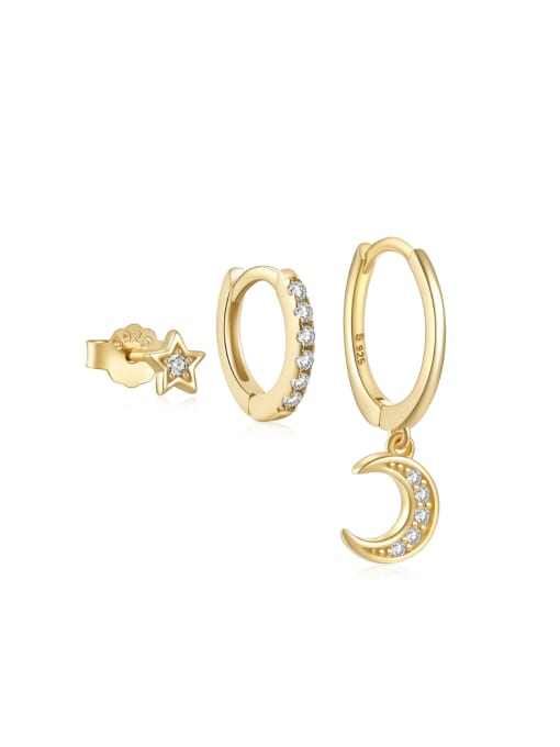 3 pieces per set in gold 925 Sterling Silver Cubic Zirconia Moon Minimalist Huggie Earring