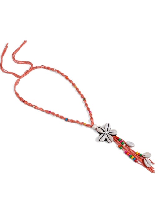 N70251 Pearl Cotton Tassel Hand-Woven  Flower Lariat Necklace
