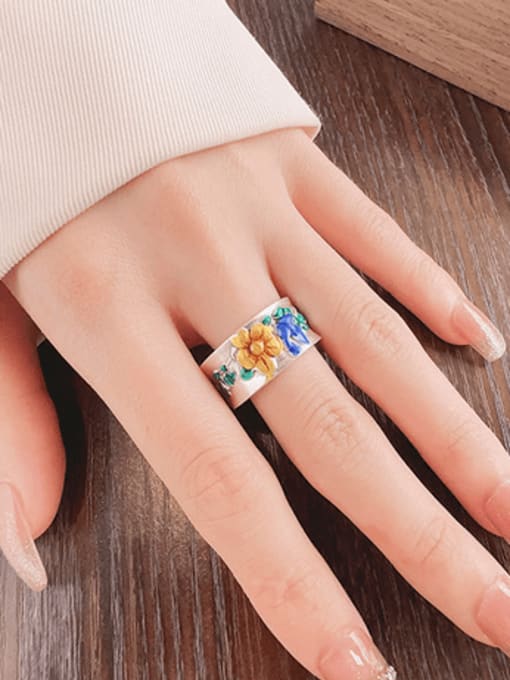 TAIS 925 Sterling Silver Enamel Flower Vintage Band Ring 1
