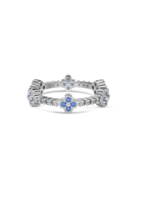 Platinum +Blue  DY120945 S W BA 925 Sterling Silver Cubic Zirconia Flower Dainty Band Ring