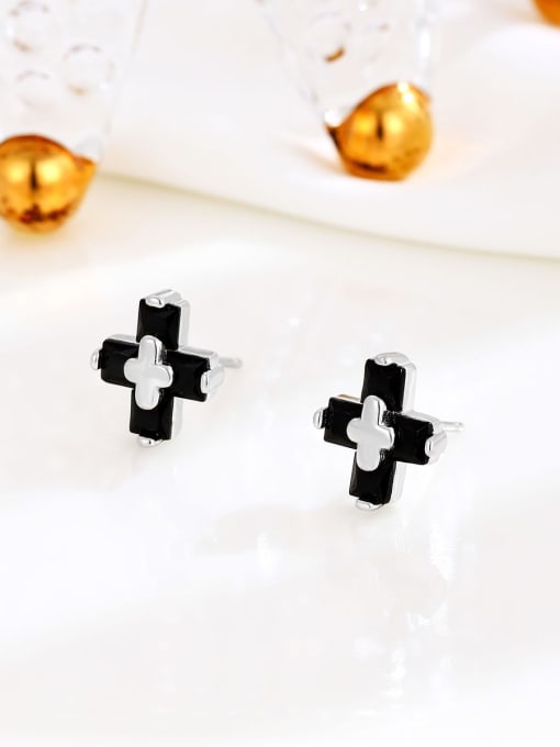 Black 925 Sterling Silver Cubic Zirconia Cross Minimalist Stud Earring