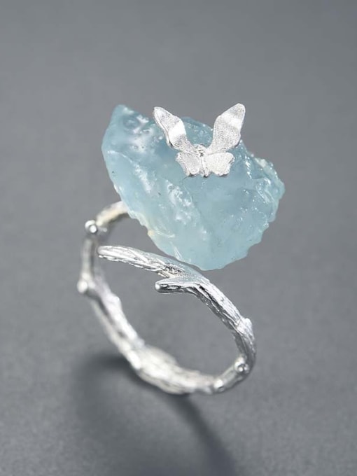 All silver 925 Sterling Silver Natural Stone Natural Aquamarine Butterfly Artisan Band Ring