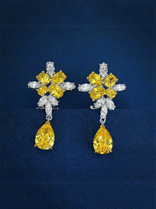 yellow 925 Sterling Silver High Carbon Diamond Water Drop Luxury Cluster Earring